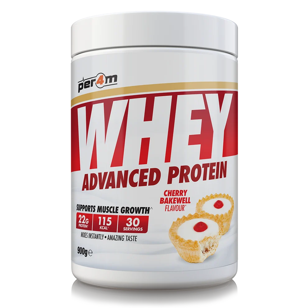 Per4m Advanced Whey Protein powder, Cherry Bakewell flavour, 900g tub