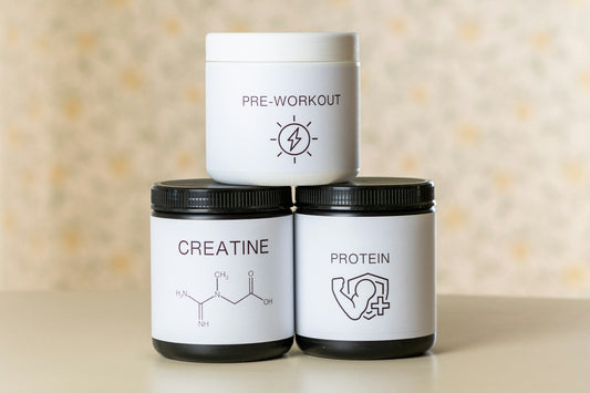 Pre-workout, creatine and protein supplement jars