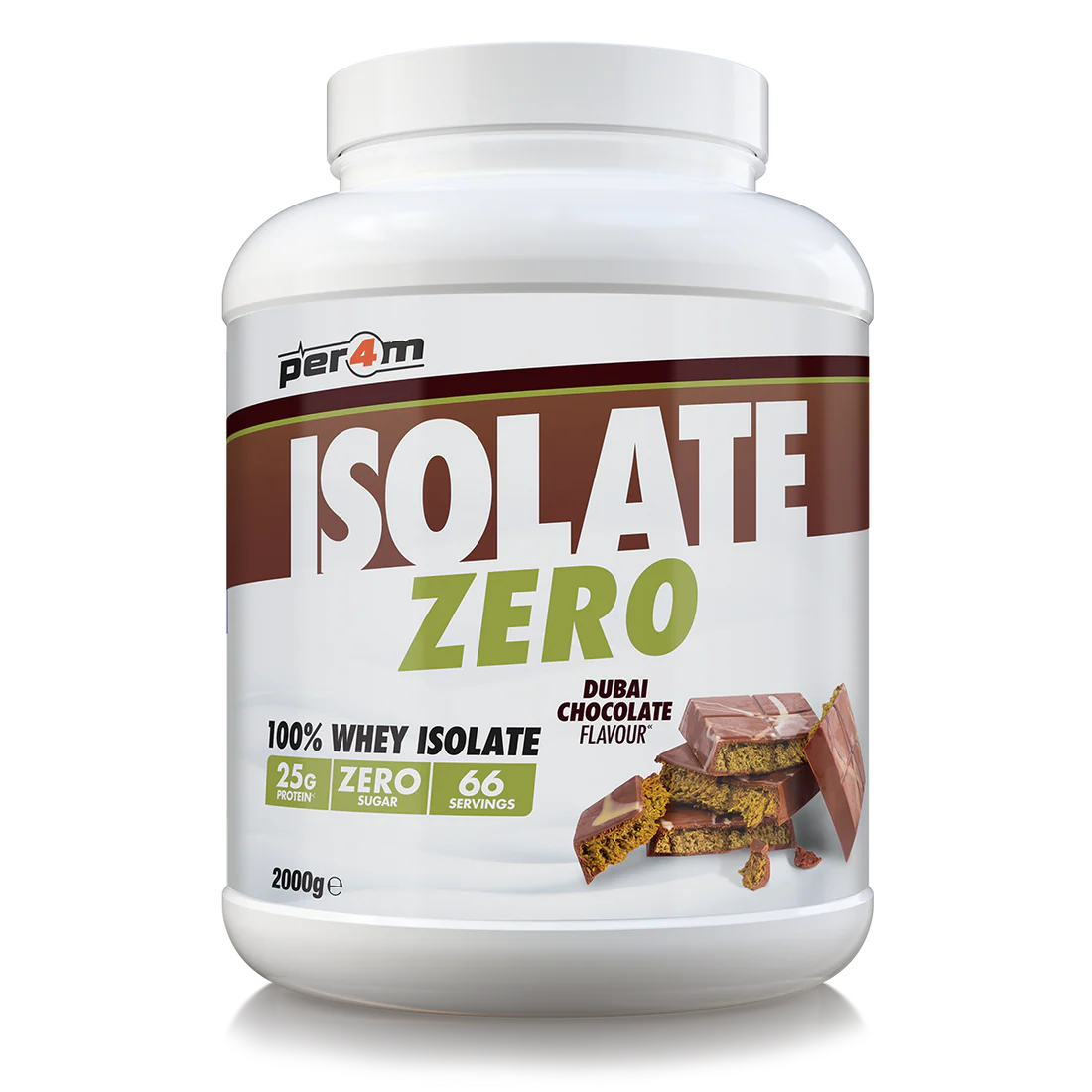 Per4m Isolate Zero whey protein powder, Dubai Chocolate flavour, 2kg tub