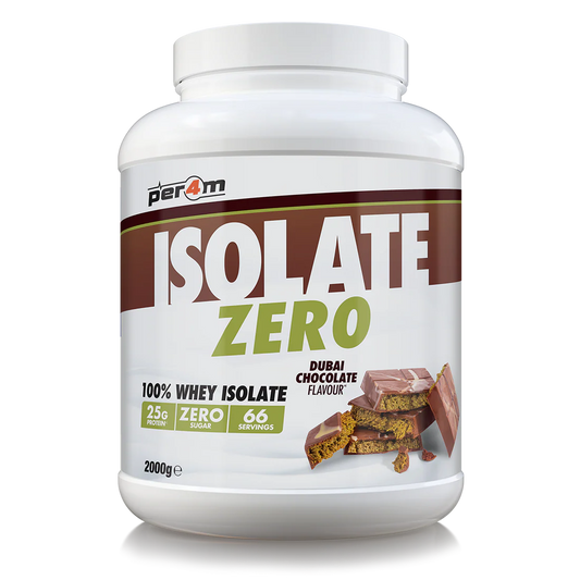 Per4m Isolate Zero whey protein powder, Dubai Chocolate flavour, 2kg tub