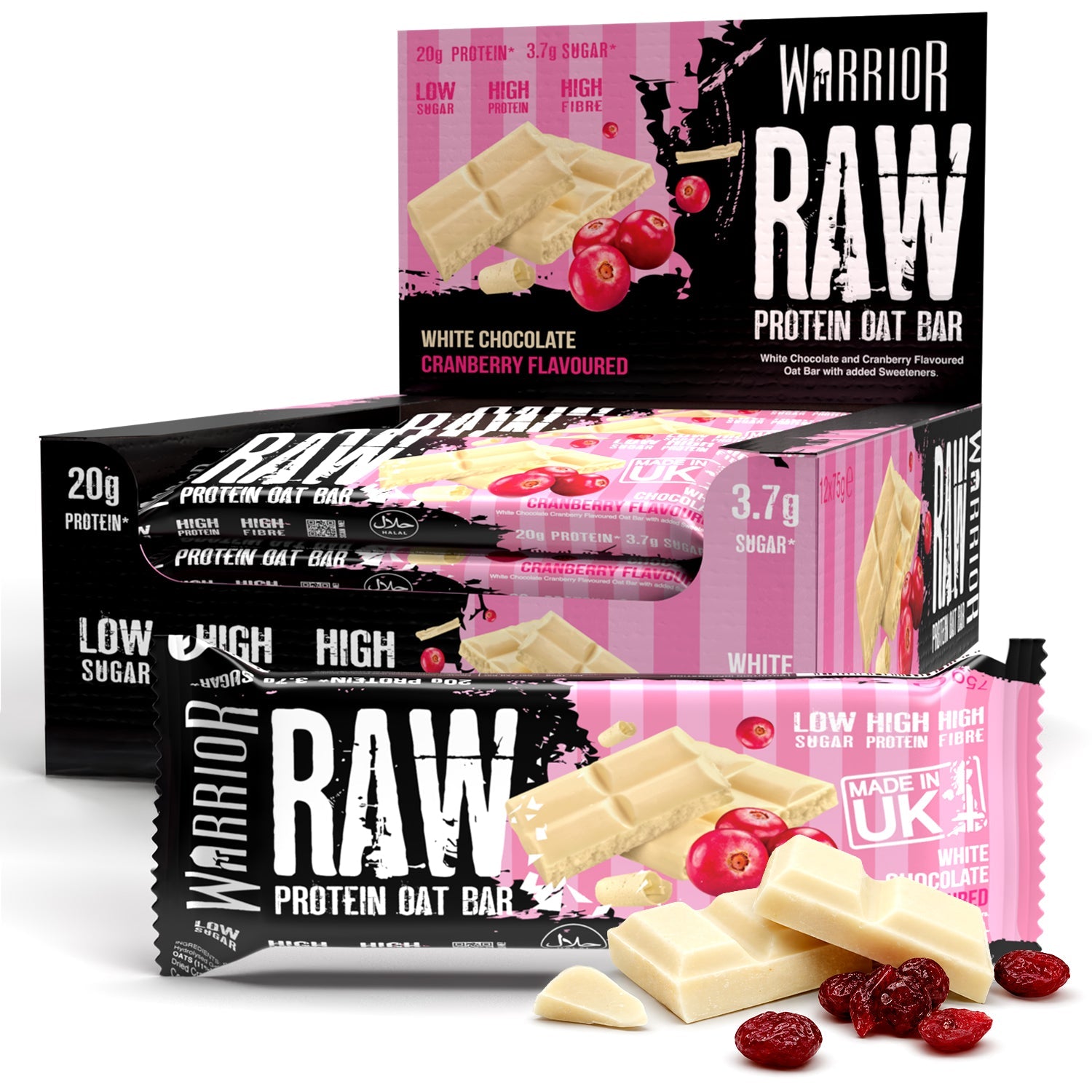 Warrior Raw Protein Flapjack - White Chocolate Cranberry flavour, 12 pack case