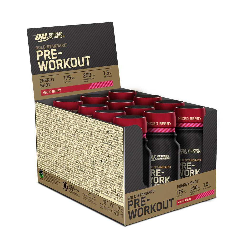 Optimum Nutrition Gold Standard Pre-Workout Shot - Mixed Berry flavour, 12 pack case