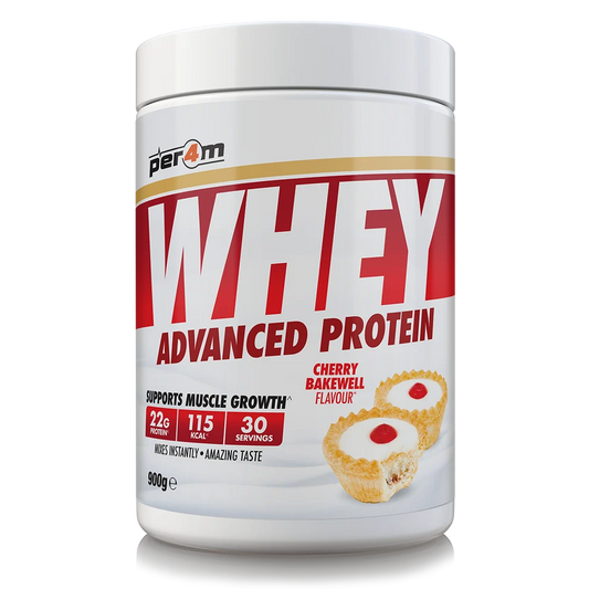 Per4m Advanced Whey Protein powder, Cherry Bakewell flavour, 900g tub